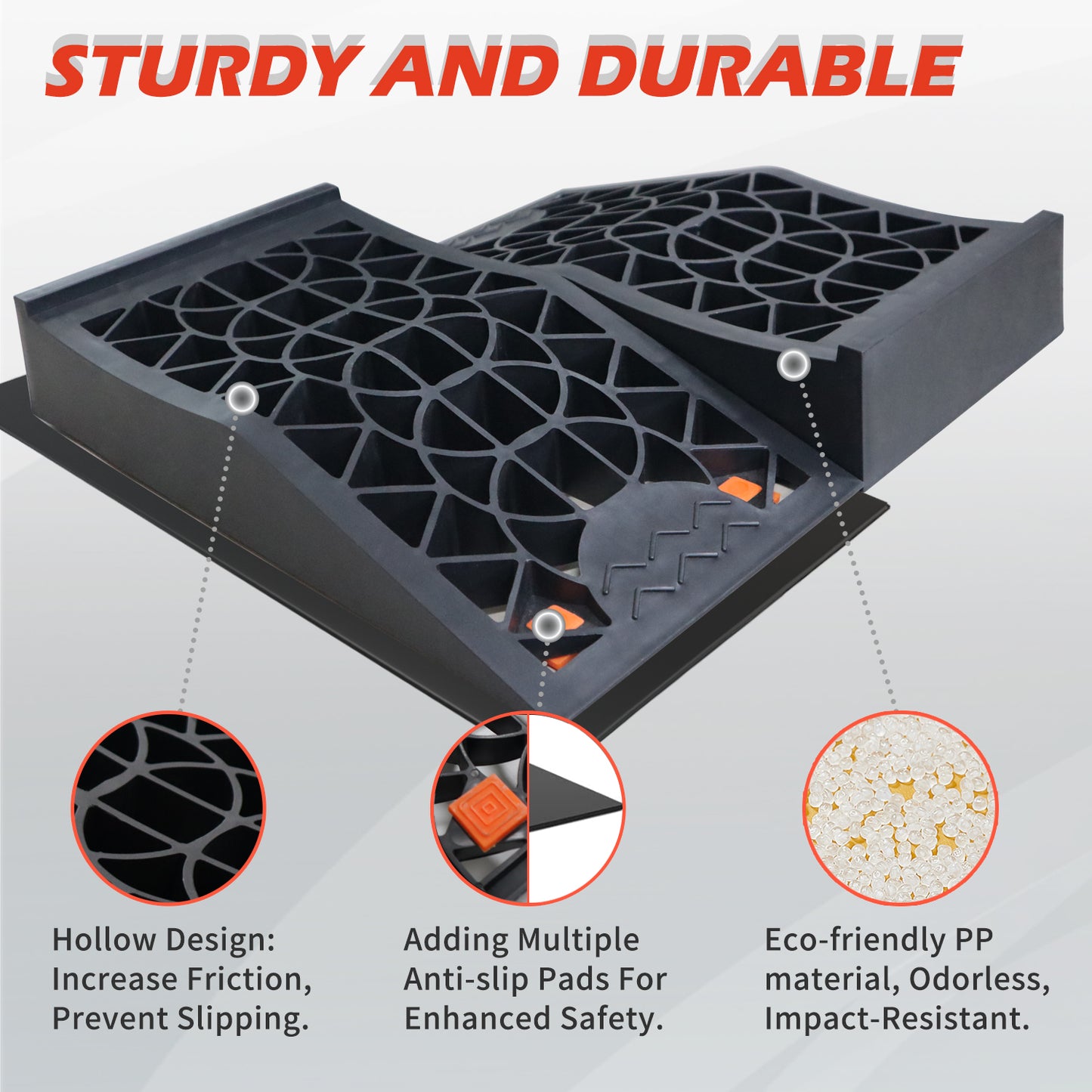 Premium Low Profile Car Ramps with Anti-Slip Pads - Set of 2 Ramps and 2 Pads for Easy Tire Maintenance and Oil Changes in Garage