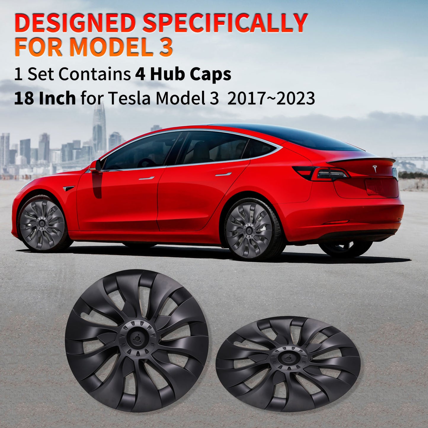 Matte Black Uberturbine Tesla Model 3 Wheel Cover 4pcs, fits 18 Inch Rim, for 2023 Model, Accessories Compatible 2017-2023