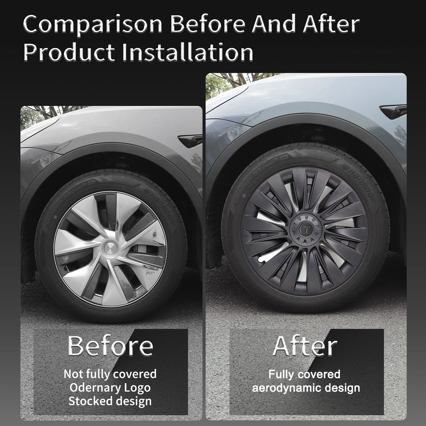 Matte Black Tesla Model Y Wheel Covers 4pcs - 19 Inch Rim Protector Hubcaps for 2023 Model. Tesla Model Y Accessories 2017-2023