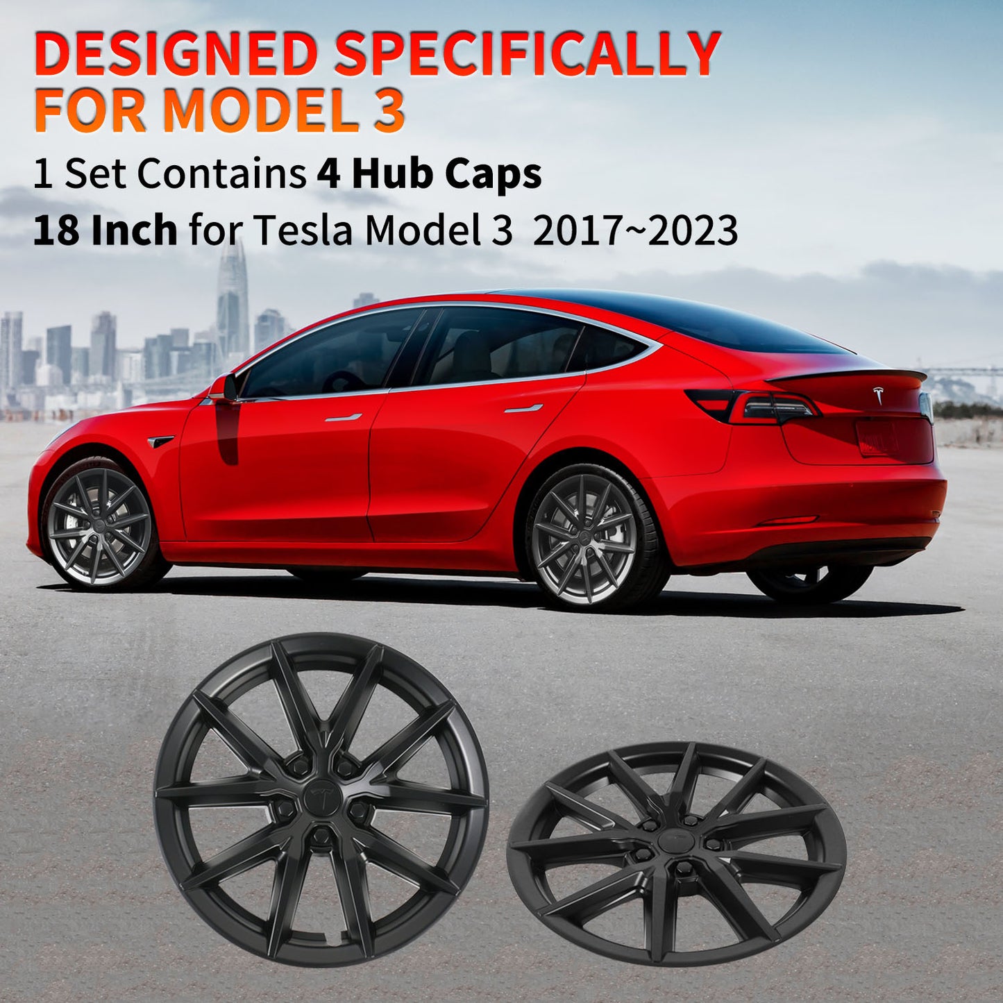 Matte Black Tesla Model 3 Wheel Cover 18 Inch Rims - Hubcaps Fit 2017 to 2023 Models. Upgraded Exterior Accessories, Set of 4 Replacement Hubcaps