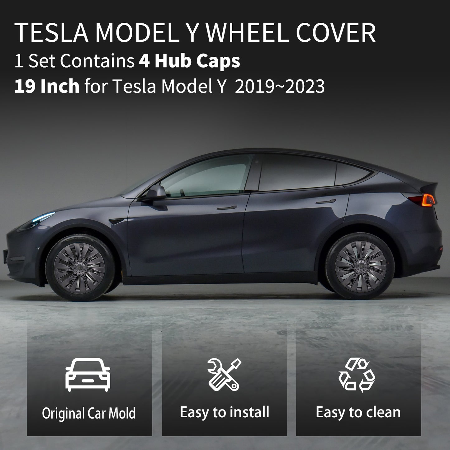 Matte Black Tesla Model Y Wheel Covers 4pcs - 19 Inch Rim Protector Hubcaps for 2023 Model. Tesla Model Y Accessories 2017-2023
