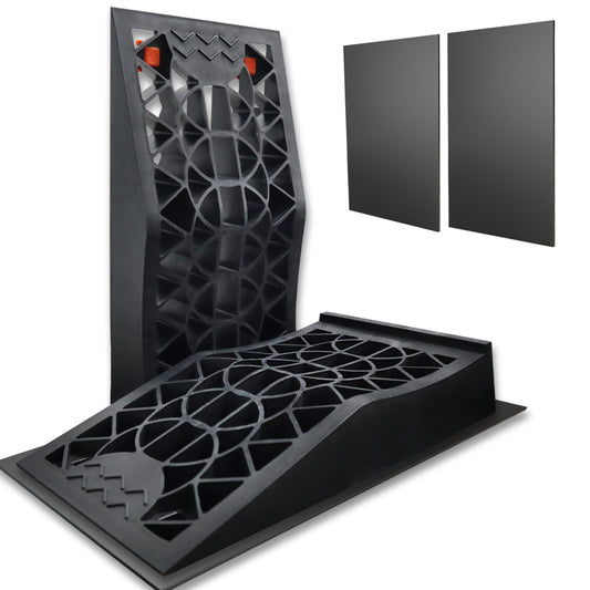 Premium Low Profile Car Ramps with Anti-Slip Pads - Set of 2 Ramps and 2 Pads for Easy Tire Maintenance and Oil Changes in Garage