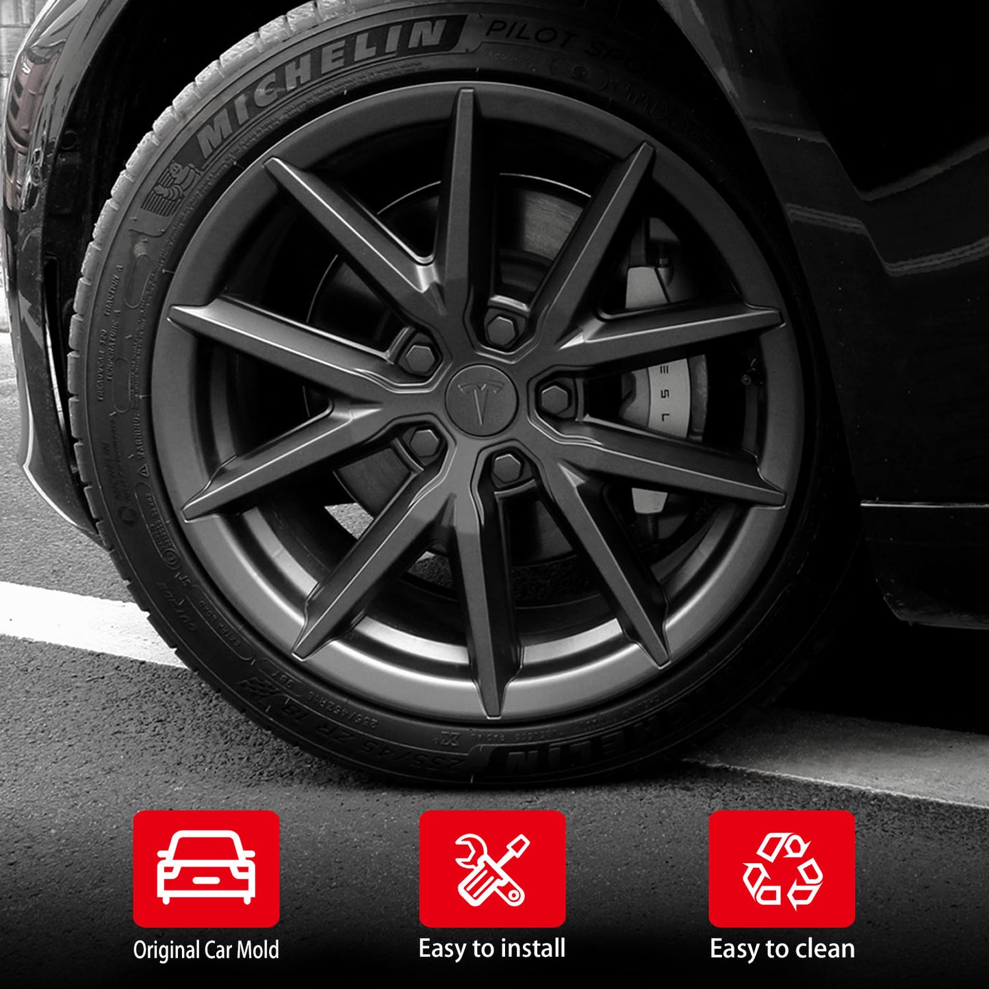 Matte Black Tesla Model 3 Wheel Cover 18 Inch Rims - Hubcaps Fit 2017 to 2023 Models. Upgraded Exterior Accessories, Set of 4 Replacement Hubcaps