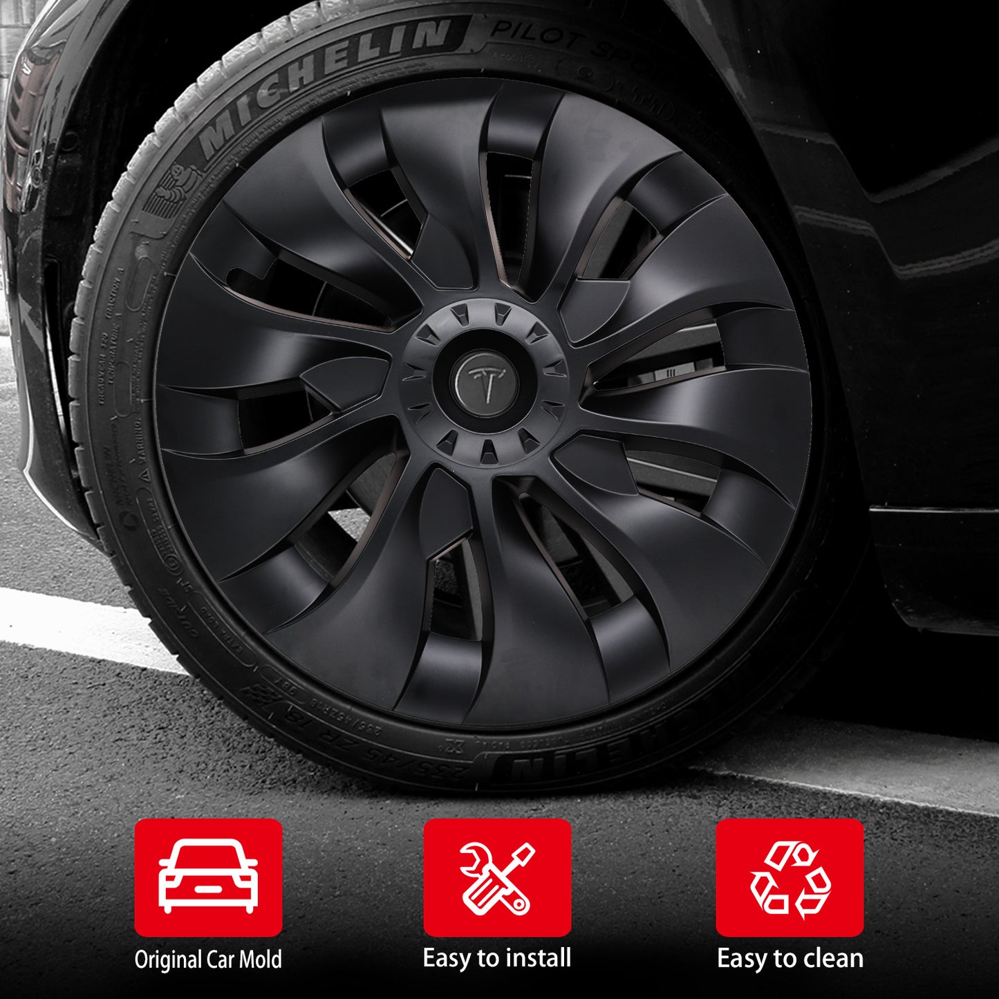 Matte Black Uberturbine Tesla Model 3 Wheel Cover 4pcs, fits 18 Inch Rim, for 2023 Model, Accessories Compatible 2017-2023