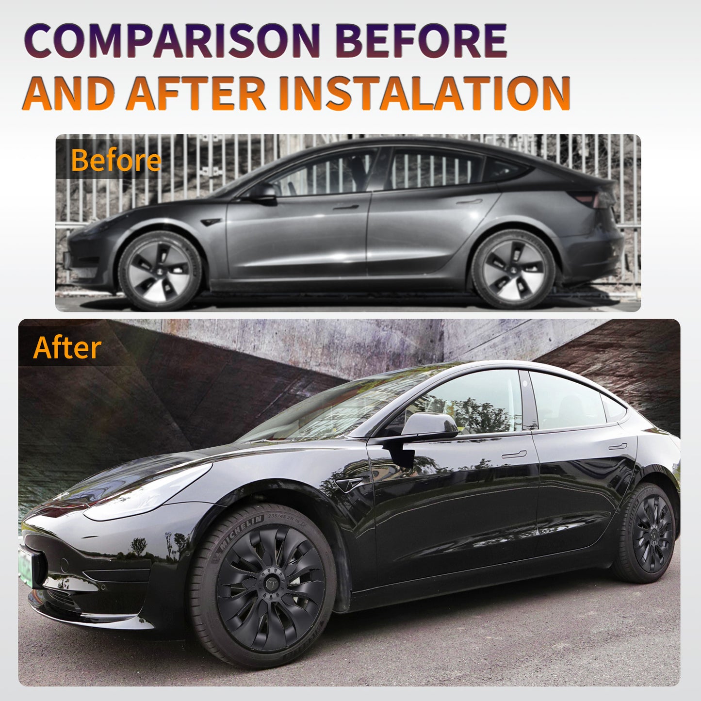 Matte Black Uberturbine Tesla Model 3 Wheel Cover 4pcs, fits 18 Inch Rim, for 2023 Model, Accessories Compatible 2017-2023