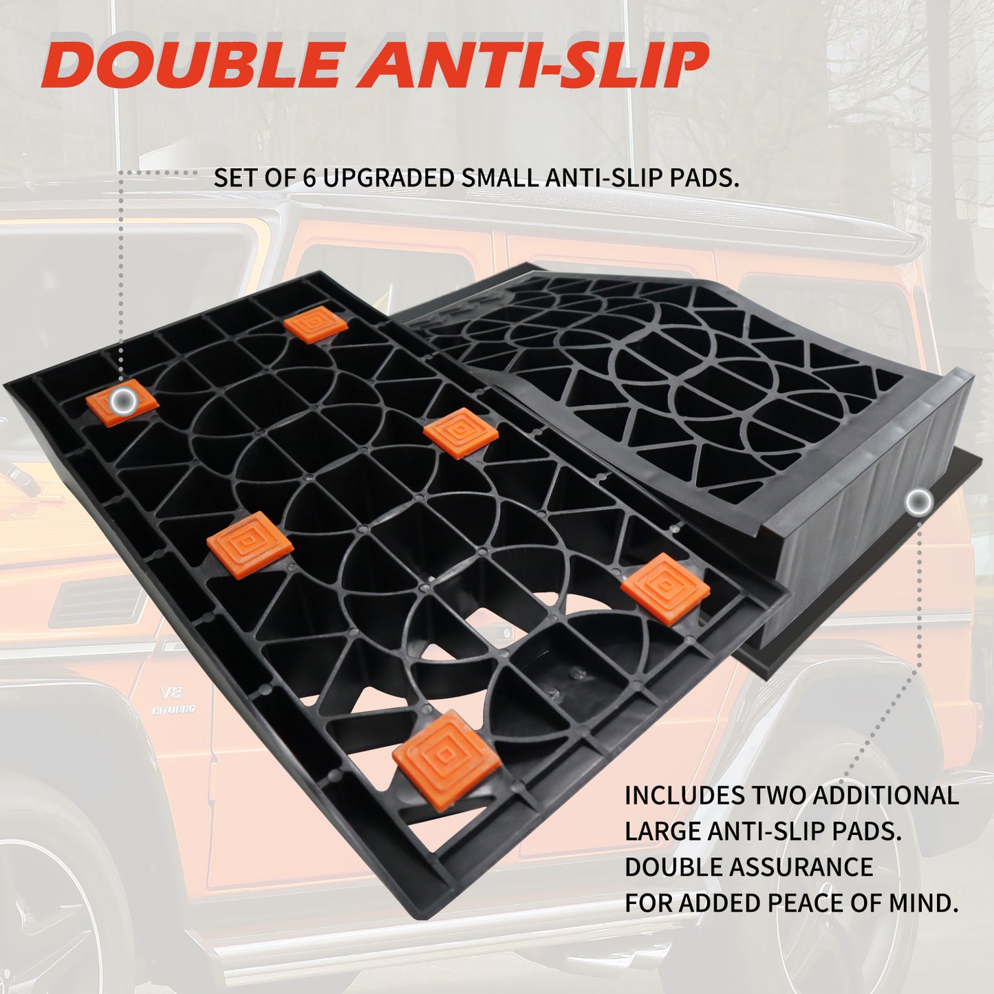 Premium Low Profile Car Ramps with Anti-Slip Pads - Set of 2 Ramps and 2 Pads for Easy Tire Maintenance and Oil Changes in Garage